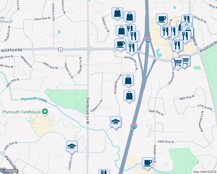 map of restaurants, bars, coffee shops, grocery stores, and more near 3820 Dallas Lane North in Plymouth