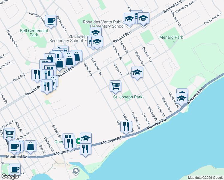 map of restaurants, bars, coffee shops, grocery stores, and more near 109 A Lefebvre Avenue in Cornwall