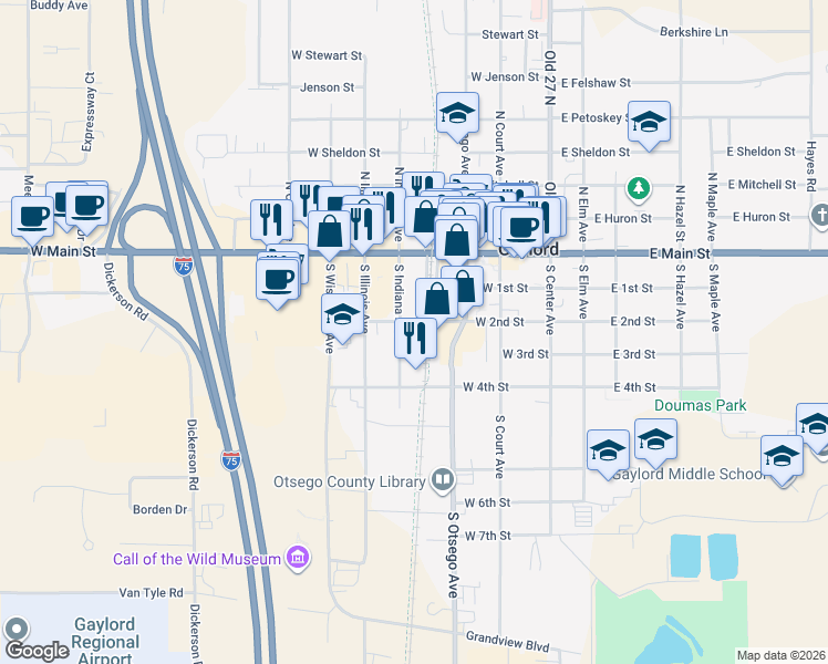 map of restaurants, bars, coffee shops, grocery stores, and more near 411 West 2nd Street in Gaylord
