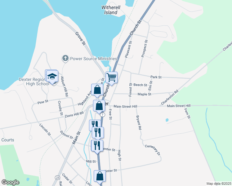 map of restaurants, bars, coffee shops, grocery stores, and more near 2 Maple Street in Dexter