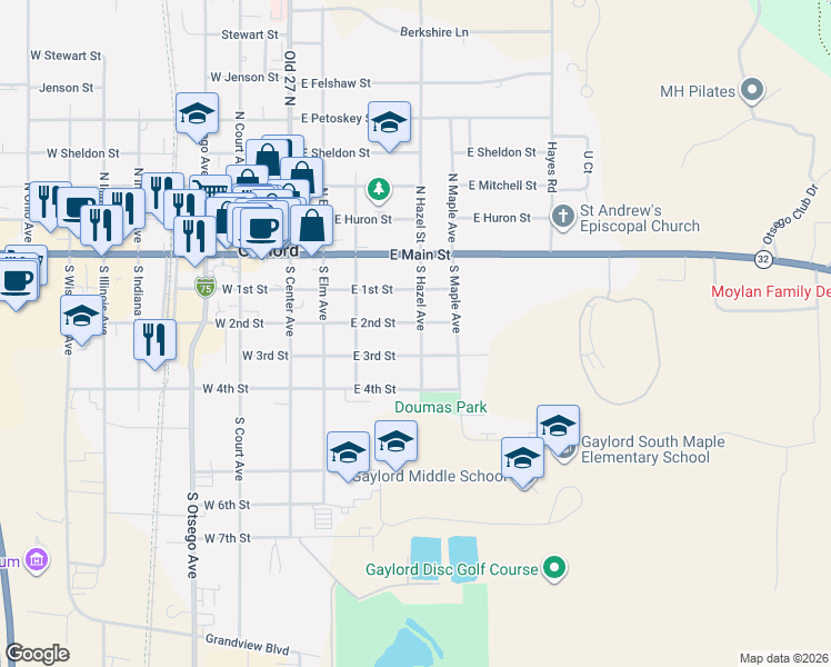 map of restaurants, bars, coffee shops, grocery stores, and more near 340 East 2nd Street in Gaylord