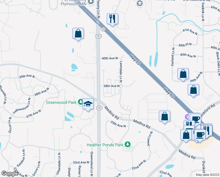 map of restaurants, bars, coffee shops, grocery stores, and more near 17751 38th Avenue North in Minneapolis