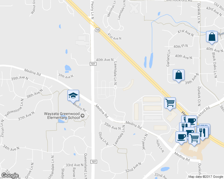 map of restaurants, bars, coffee shops, grocery stores, and more near 17601 38th Avenue North in Minneapolis