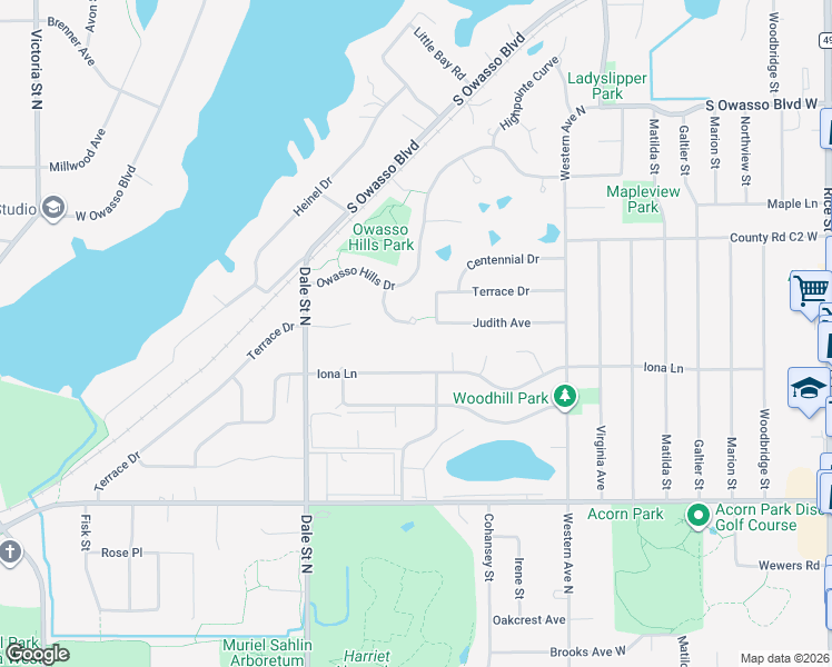 map of restaurants, bars, coffee shops, grocery stores, and more near 2805 Hillscourte North in Roseville