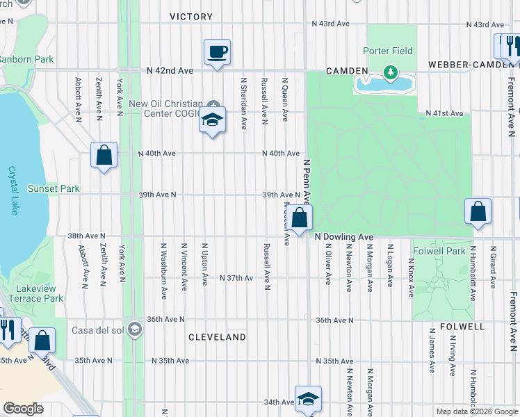 map of restaurants, bars, coffee shops, grocery stores, and more near 3848 North Sheridan Avenue in Minneapolis