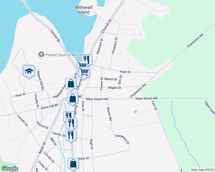 map of restaurants, bars, coffee shops, grocery stores, and more near 40 Maple Street in Dexter