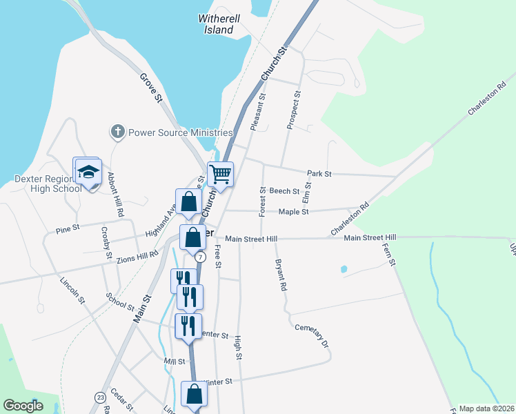 map of restaurants, bars, coffee shops, grocery stores, and more near 24 Maple Street in Dexter