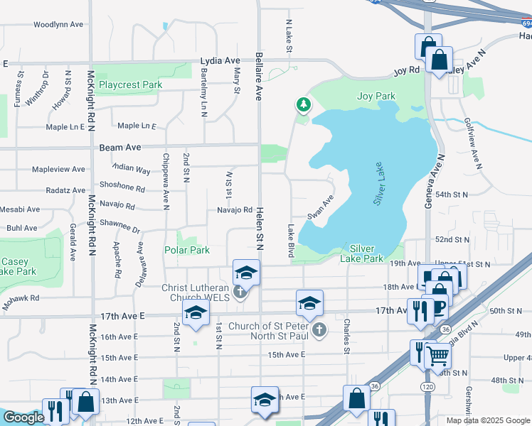 map of restaurants, bars, coffee shops, grocery stores, and more near 2792 Helen Street North in North Saint Paul