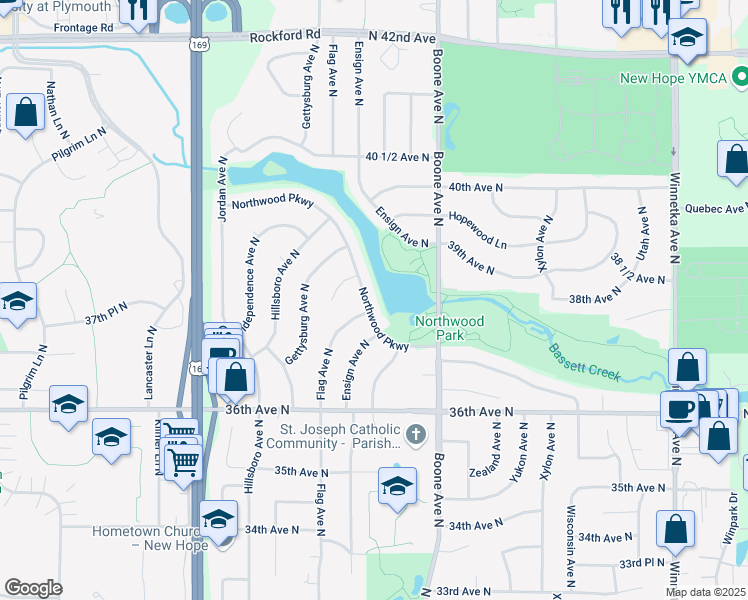 map of restaurants, bars, coffee shops, grocery stores, and more near 8932 Northwood Parkway in Minneapolis