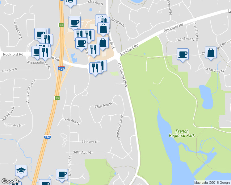 map of restaurants, bars, coffee shops, grocery stores, and more near 3760 Rosewood Lane North in Plymouth