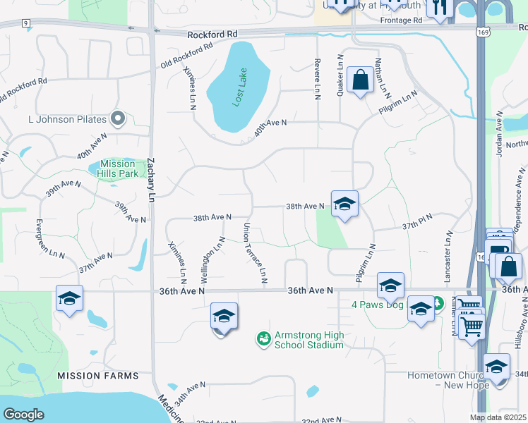 map of restaurants, bars, coffee shops, grocery stores, and more near 10525 38th Avenue North in Minneapolis