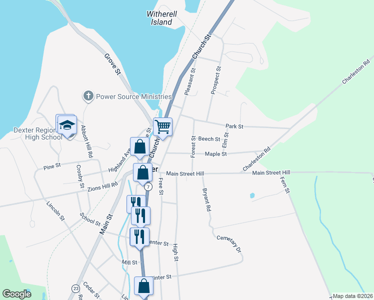 map of restaurants, bars, coffee shops, grocery stores, and more near 24 Maple Street in Dexter