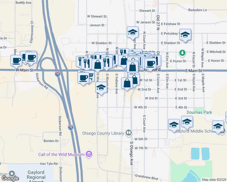 map of restaurants, bars, coffee shops, grocery stores, and more near 411 West 2nd Street in Gaylord
