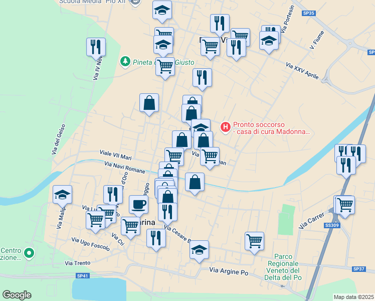 map of restaurants, bars, coffee shops, grocery stores, and more near 1 Via nello Fregnan in Porto Viro