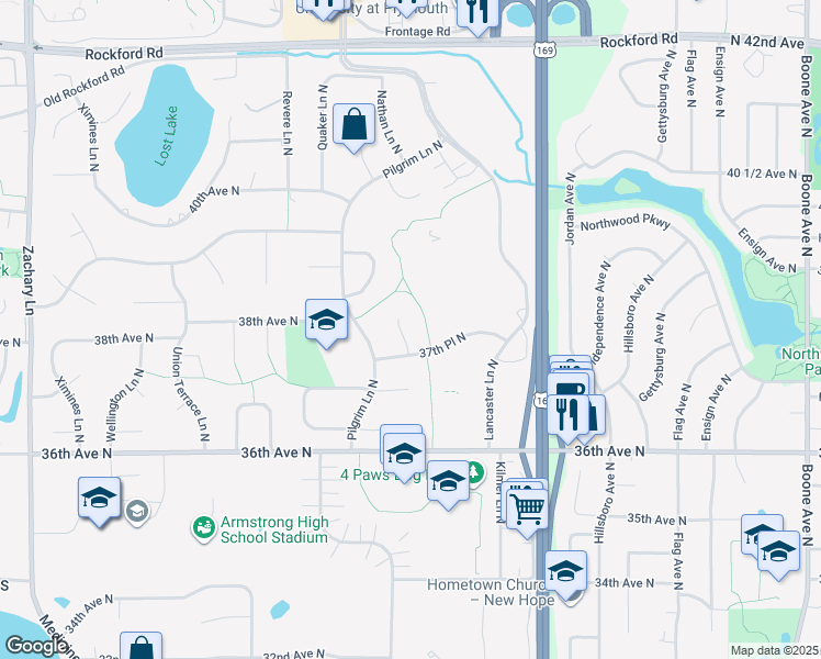 map of restaurants, bars, coffee shops, grocery stores, and more near 3760 Nathan Lane North in Plymouth