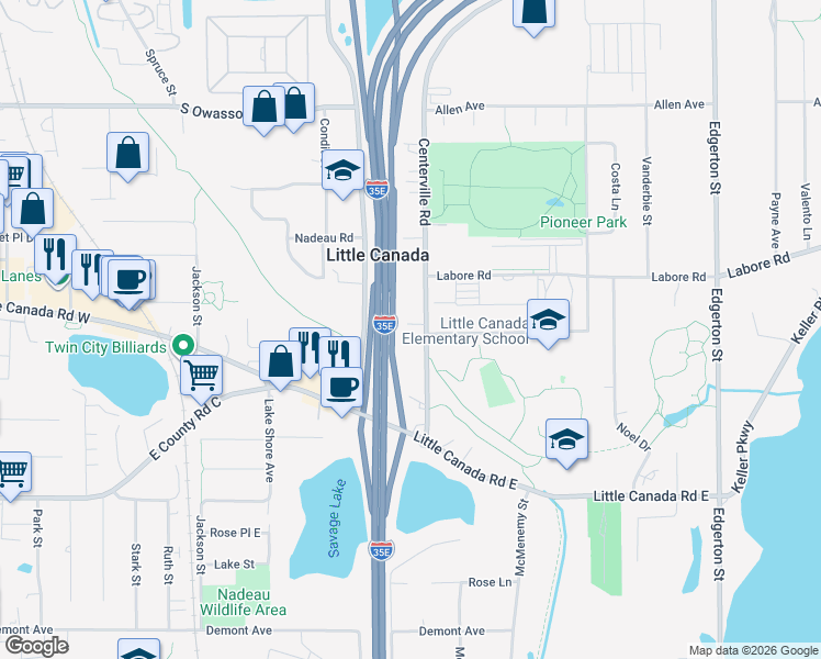 map of restaurants, bars, coffee shops, grocery stores, and more near 2791 Centerville Road in Little Canada