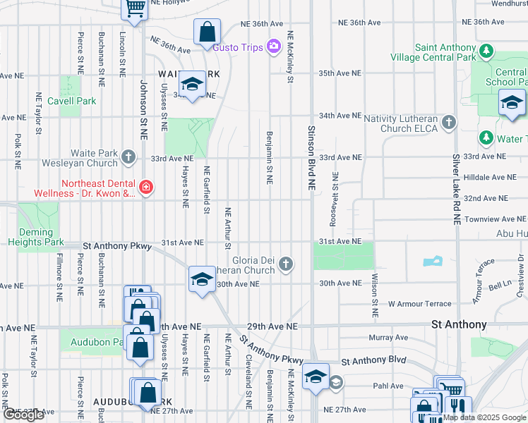 map of restaurants, bars, coffee shops, grocery stores, and more near 3150 Northeast Benjamin Street in Minneapolis