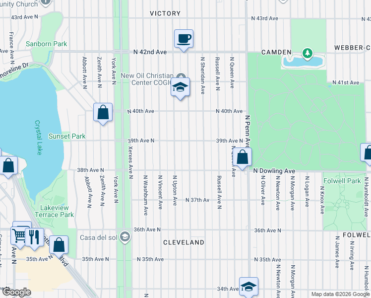 map of restaurants, bars, coffee shops, grocery stores, and more near 3847 North Thomas Avenue in Minneapolis