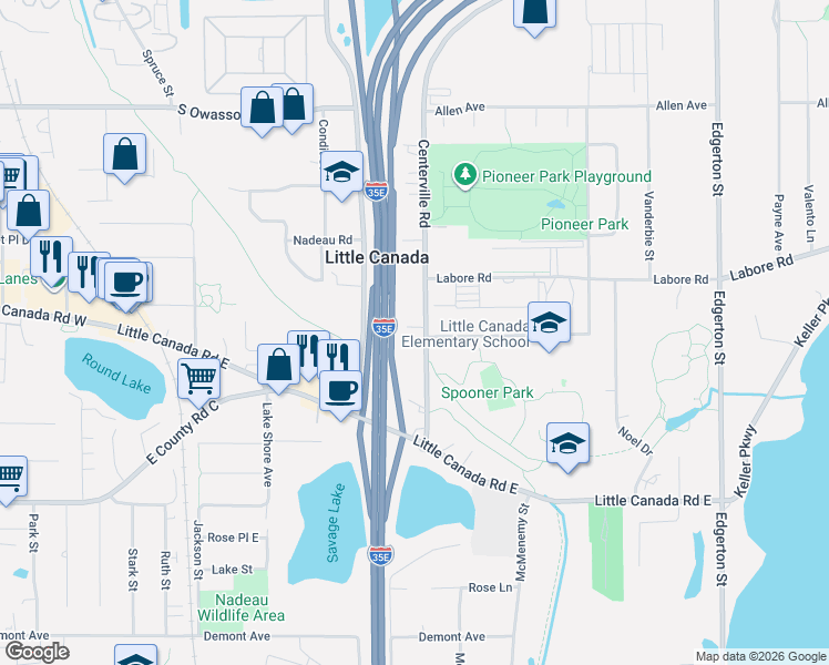 map of restaurants, bars, coffee shops, grocery stores, and more near 2791 Centerville Road in Little Canada