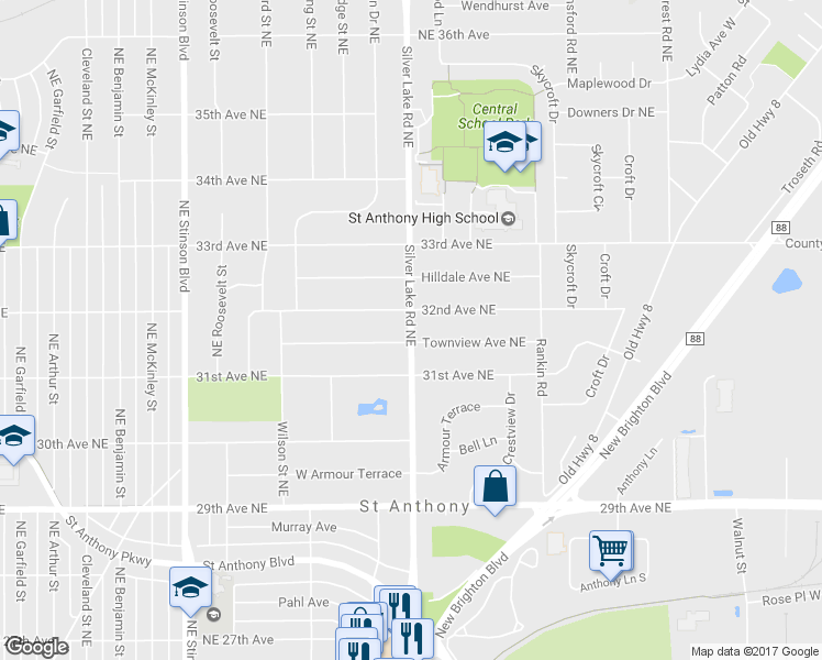 map of restaurants, bars, coffee shops, grocery stores, and more near 3123 Silver Lake Road Northeast in Saint Anthony