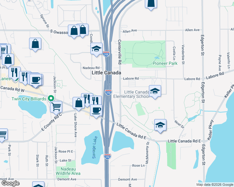 map of restaurants, bars, coffee shops, grocery stores, and more near 2791 Centerville Road in Little Canada