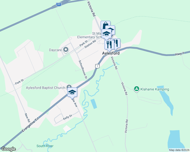 map of restaurants, bars, coffee shops, grocery stores, and more near 2624 Highway 1 in Aylesford