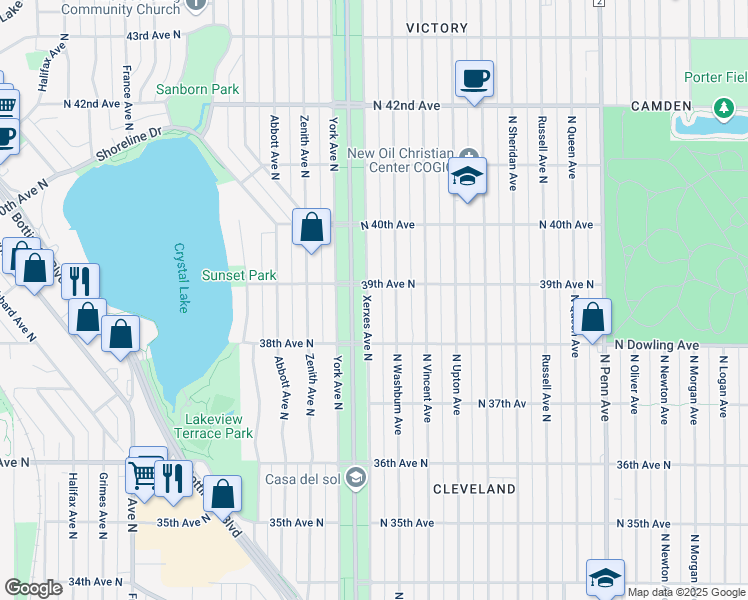 map of restaurants, bars, coffee shops, grocery stores, and more near 3842 Xerxes Avenue North in Minneapolis