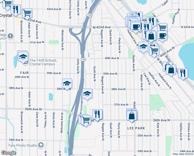 map of restaurants, bars, coffee shops, grocery stores, and more near 3844 Scott Avenue North in Minneapolis