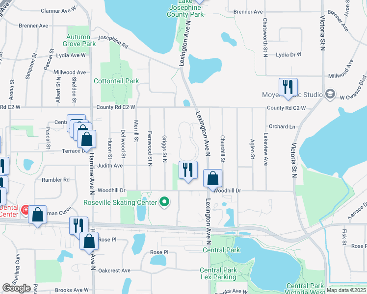 map of restaurants, bars, coffee shops, grocery stores, and more near 2801 Lexington Avenue North in Roseville