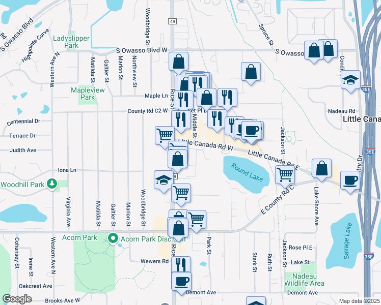 map of restaurants, bars, coffee shops, grocery stores, and more near 208 Alberta Lane in Little Canada