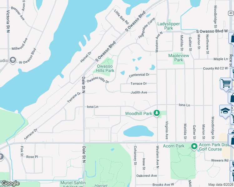 map of restaurants, bars, coffee shops, grocery stores, and more near 2805 Hillscourte North in Roseville