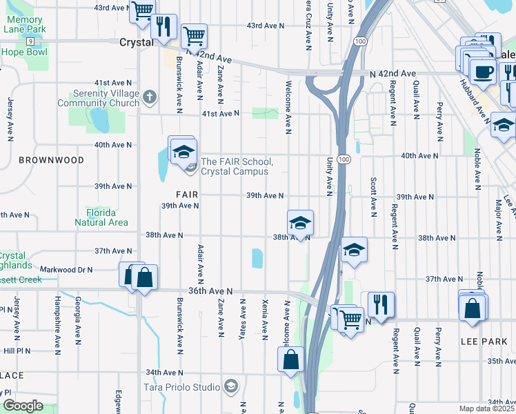 map of restaurants, bars, coffee shops, grocery stores, and more near 3845 Xenia Avenue North in Minneapolis