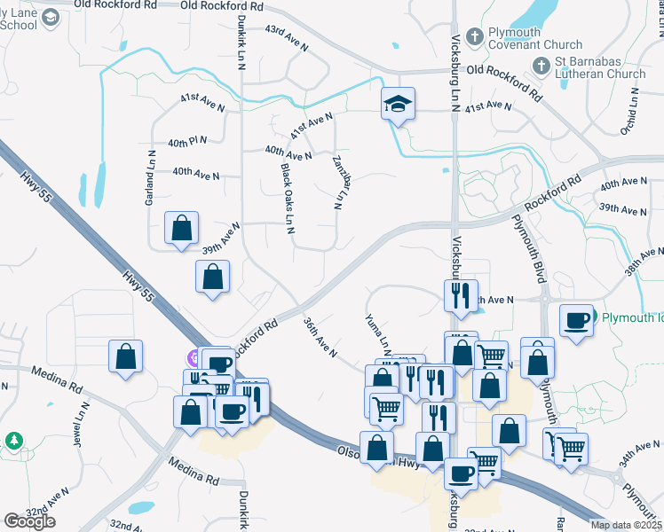 map of restaurants, bars, coffee shops, grocery stores, and more near 3770 Archer Lane North in Plymouth