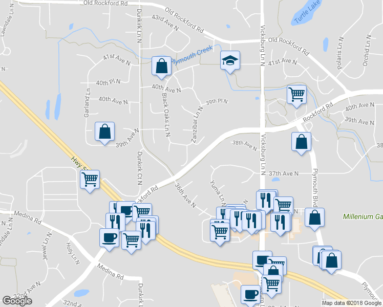 map of restaurants, bars, coffee shops, grocery stores, and more near 3770 Archer Lane North in Plymouth