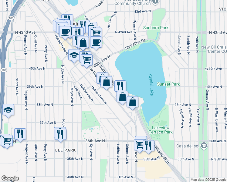 map of restaurants, bars, coffee shops, grocery stores, and more near 3850 West Broadway Avenue in Minneapolis