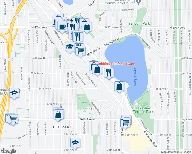 map of restaurants, bars, coffee shops, grocery stores, and more near 3833 West Broadway Avenue in Robbinsdale