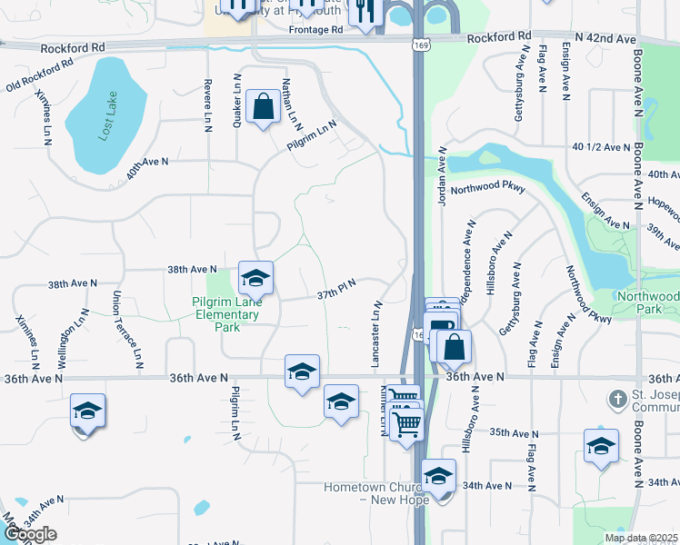 map of restaurants, bars, coffee shops, grocery stores, and more near 3760 Nathan Lane North in Plymouth