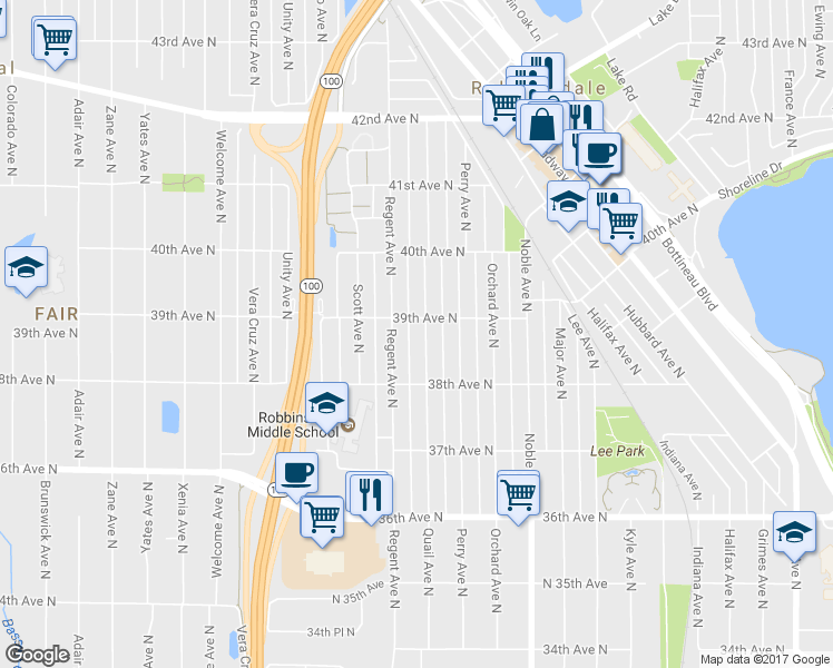 map of restaurants, bars, coffee shops, grocery stores, and more near 3847 Quail Avenue North in Minneapolis