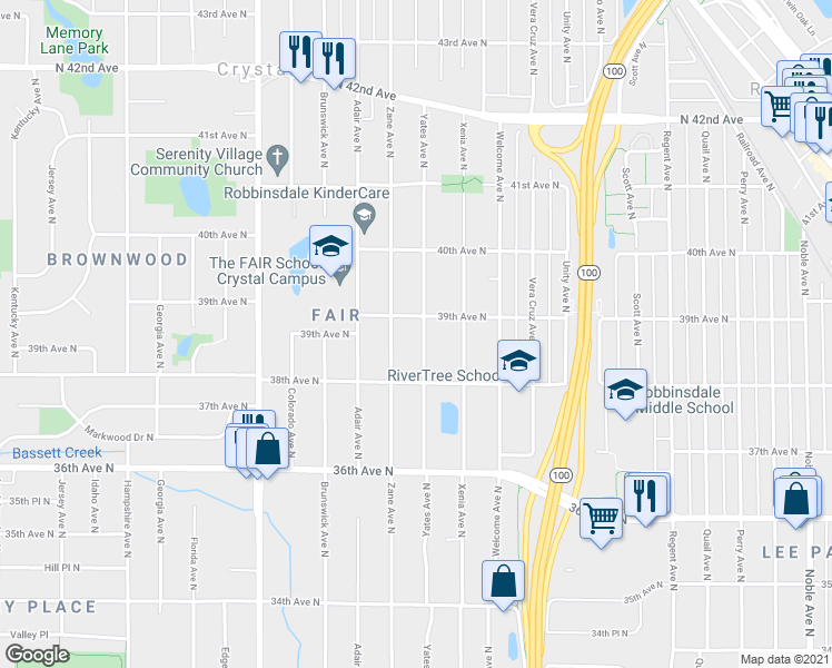 map of restaurants, bars, coffee shops, grocery stores, and more near 3845 Yates Avenue North in Minneapolis