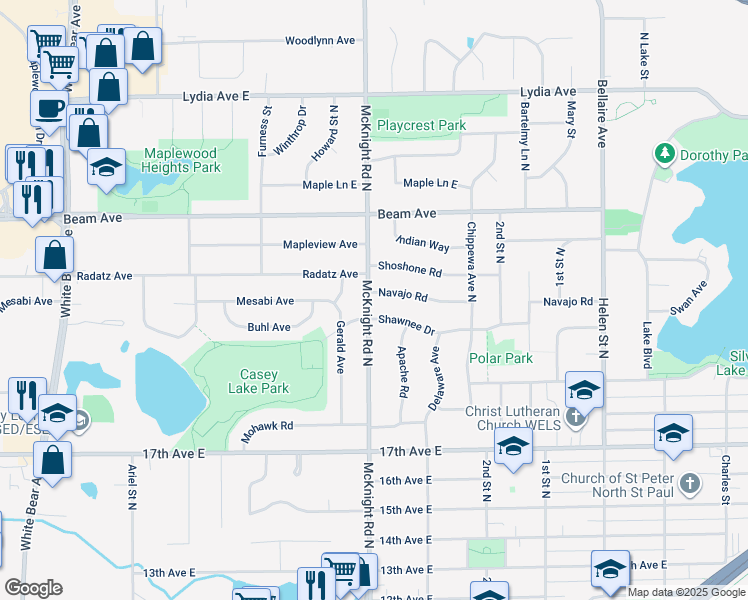 map of restaurants, bars, coffee shops, grocery stores, and more near 2274 Navajo Road in North Saint Paul