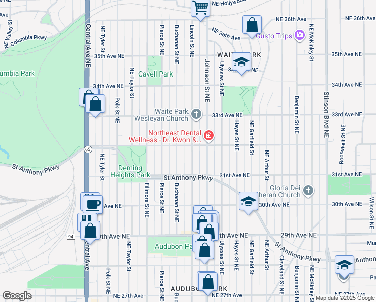 map of restaurants, bars, coffee shops, grocery stores, and more near 3150 Lincoln Street Northeast in Minneapolis