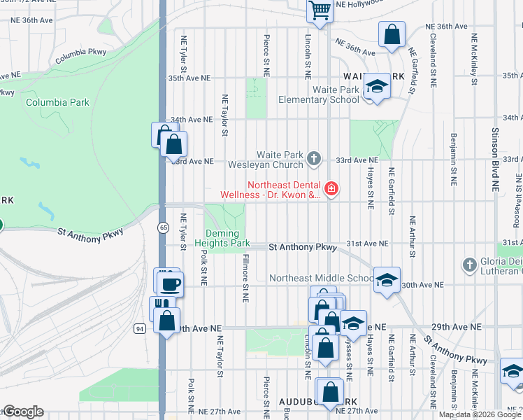 map of restaurants, bars, coffee shops, grocery stores, and more near 3150 Pierce Street Northeast in Minneapolis