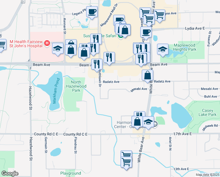 map of restaurants, bars, coffee shops, grocery stores, and more near 3 Mesabi Avenue in Maplewood