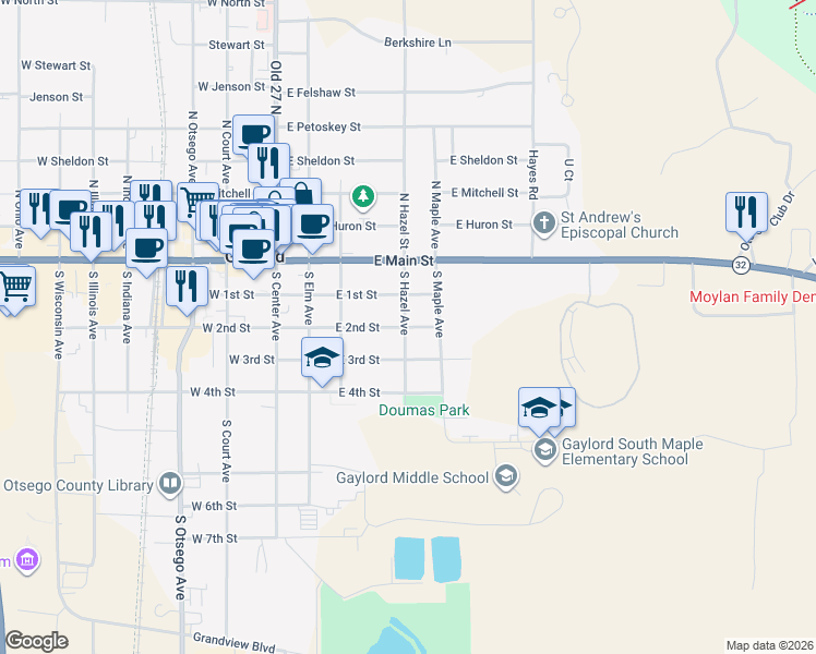 map of restaurants, bars, coffee shops, grocery stores, and more near 398 E 2nd St in Gaylord