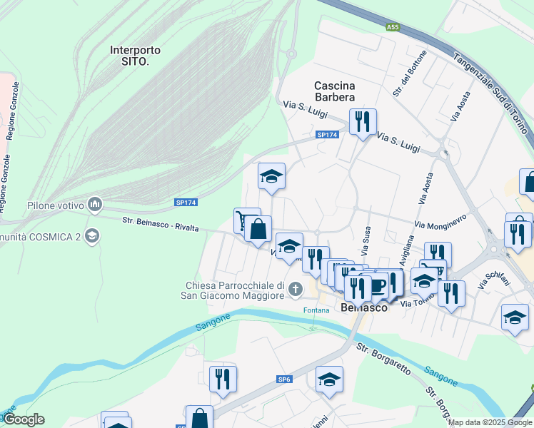 map of restaurants, bars, coffee shops, grocery stores, and more near 19 Via Cristoforo Colombo in Beinasco