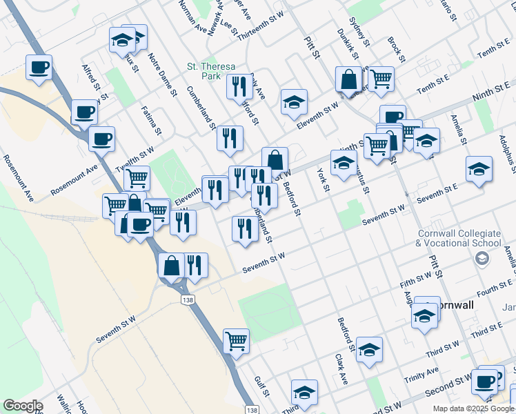 map of restaurants, bars, coffee shops, grocery stores, and more near 334 Andre Avenue in Cornwall