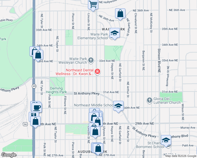 map of restaurants, bars, coffee shops, grocery stores, and more near 3151 Johnson Street Northeast in Minneapolis