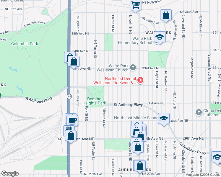 map of restaurants, bars, coffee shops, grocery stores, and more near 3150 Pierce Street Northeast in Minneapolis