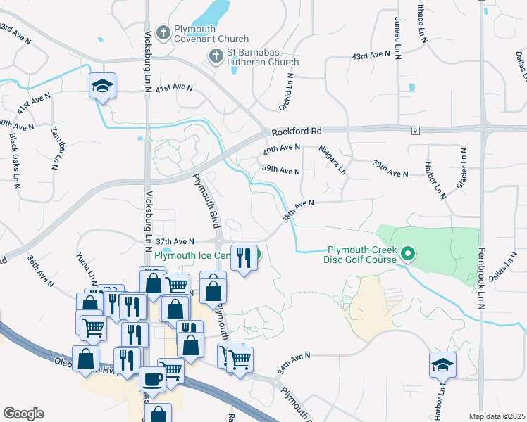 map of restaurants, bars, coffee shops, grocery stores, and more near 15300 37th Avenue North in Plymouth