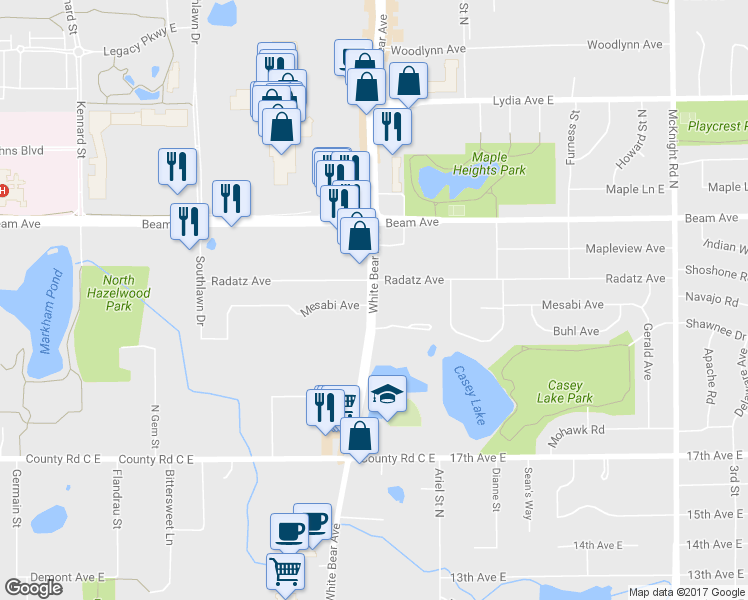 map of restaurants, bars, coffee shops, grocery stores, and more near 2802 White Bear Avenue North in Maplewood